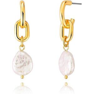 Gold Baroque Pearl Drop Earrings | 14K Gold Plated Paperclip Chain Dangle